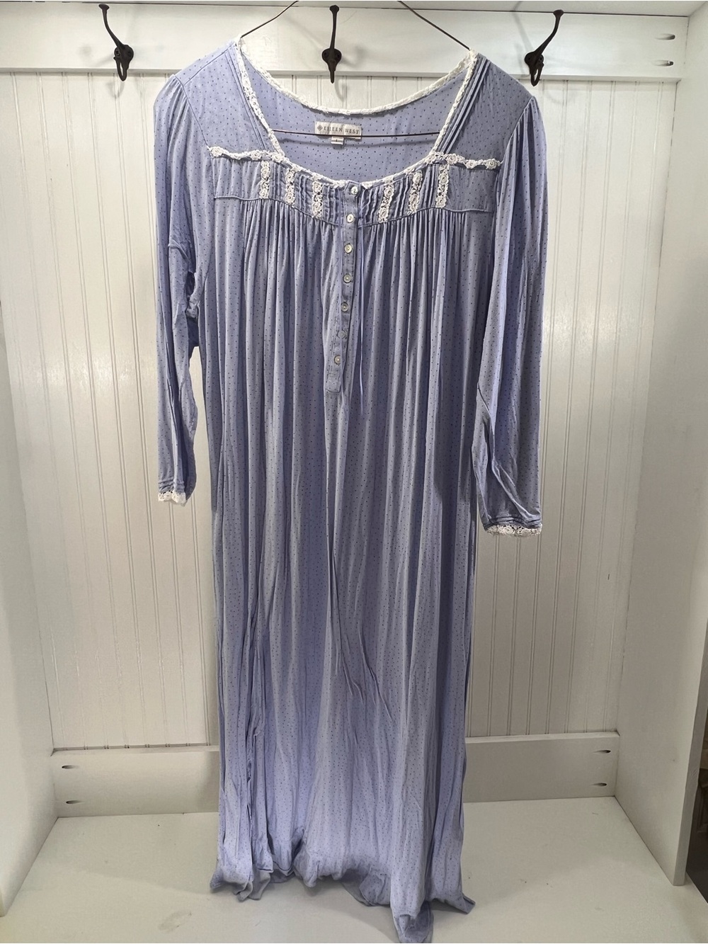 Eileen West Periwinkle Blue Polka Dot Long Nightgown with Lace Trim Size L